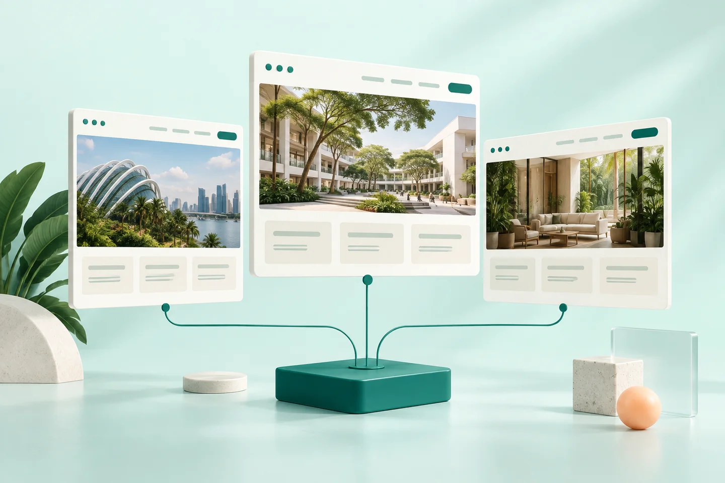 Concept illustration of three distinct websites connected to one shared foundation.
