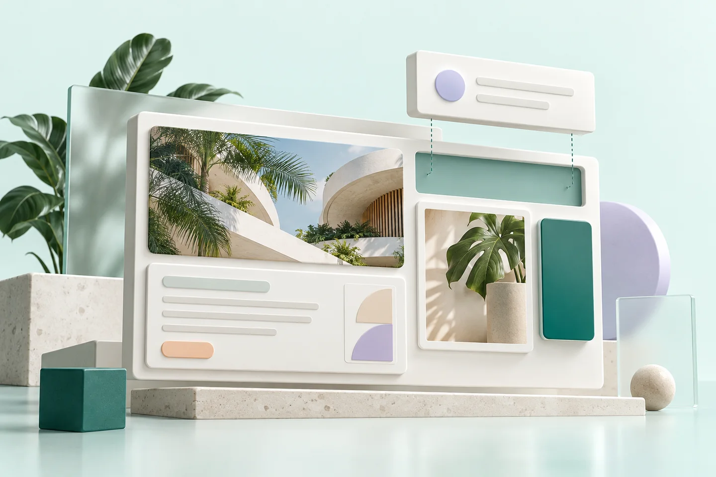 Concept illustration of photographic content modules assembling into a website.