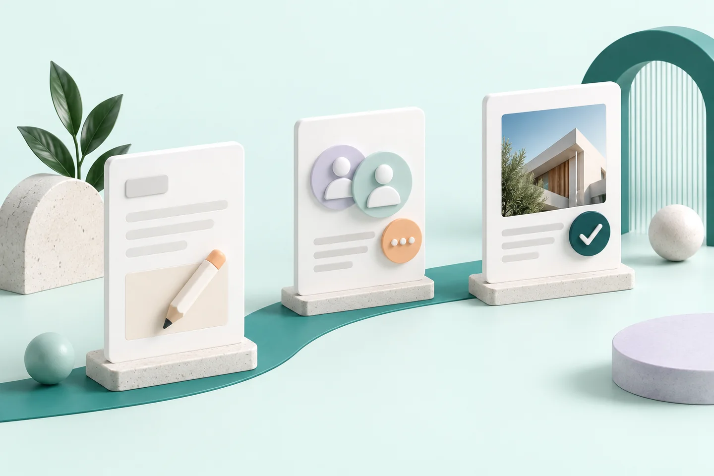 Concept illustration of content moving from draft through review to approval.